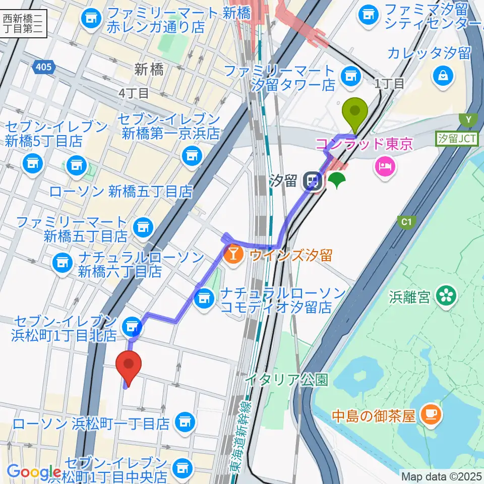 汐留駅からジャパンウィンズへのルートマップ地図