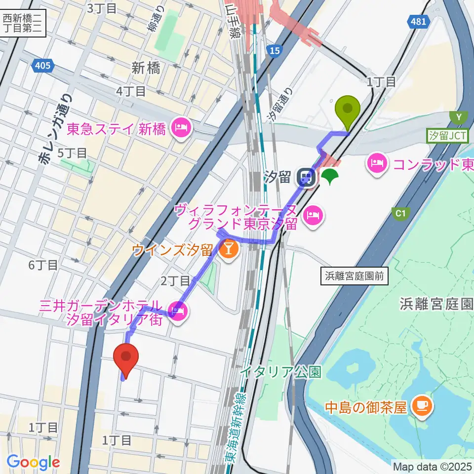 汐留駅からジャパンウィンズへのルートマップ地図