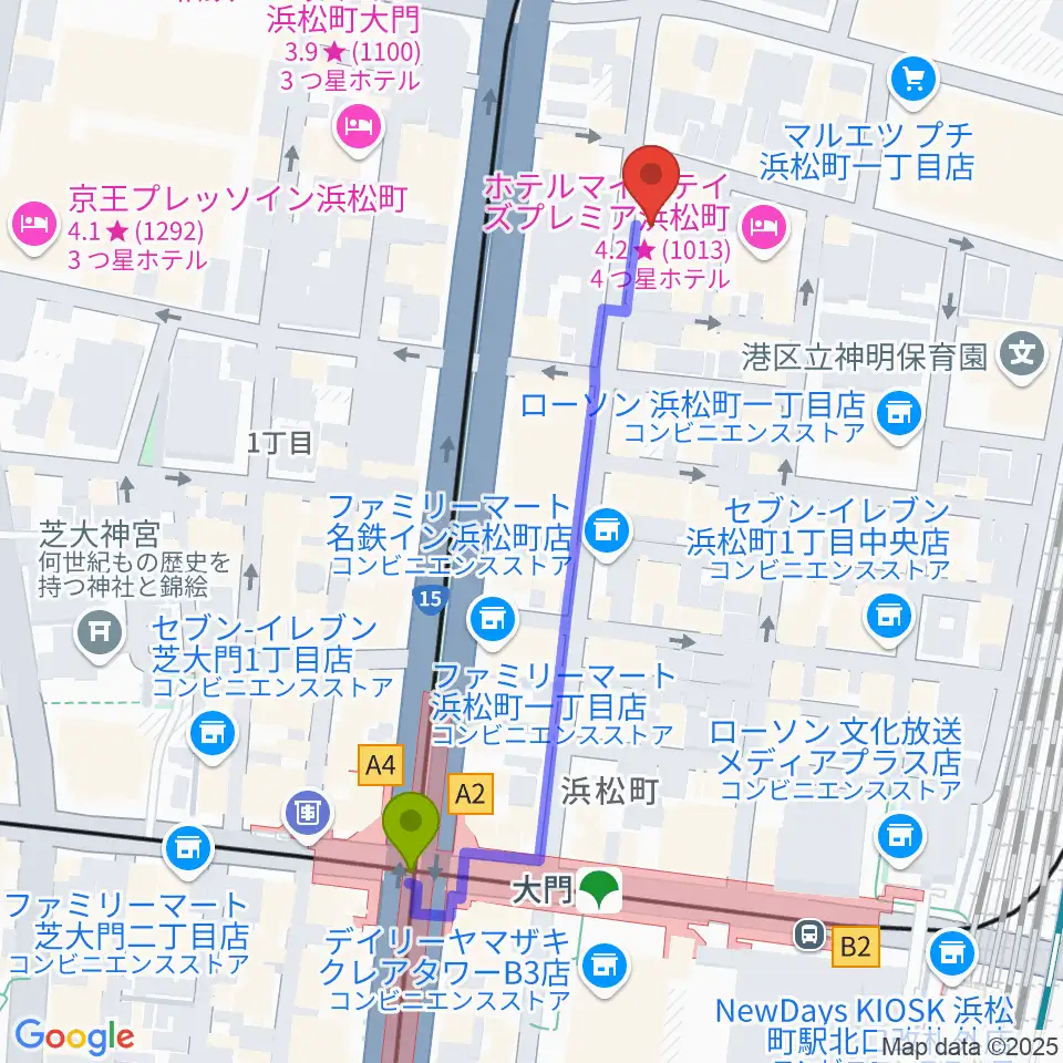 ジャパンウィンズの最寄駅大門駅からの徒歩ルート（約5分）地図