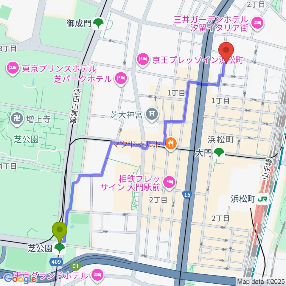 芝公園駅からジャパンウィンズへのルートマップ地図