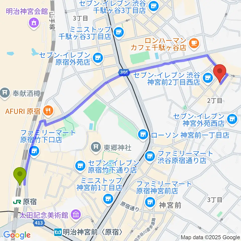 原宿駅からJiLL music schoolへのルートマップ地図