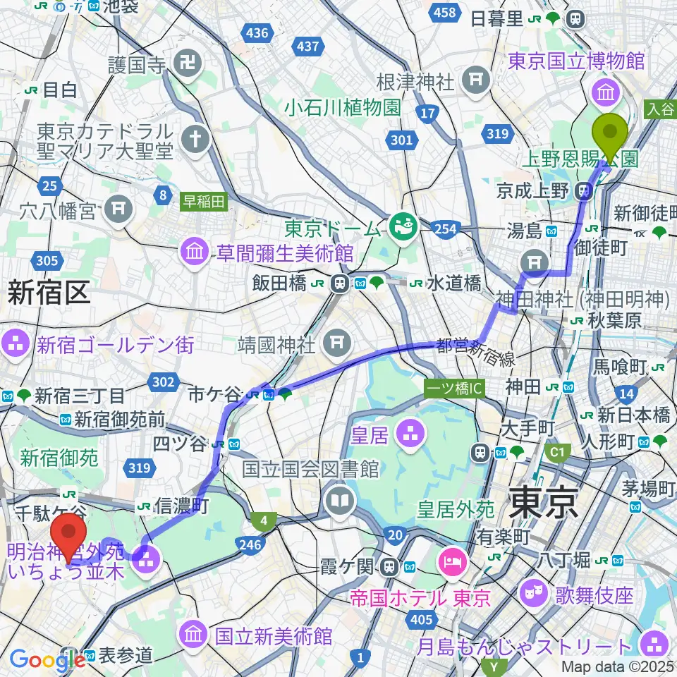 上野駅からJiLL music schoolへのルートマップ地図