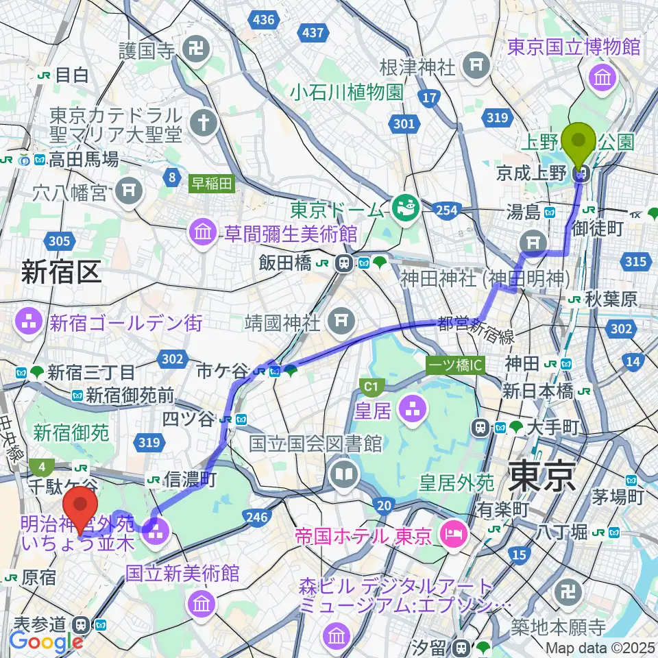 京成上野駅からJiLL music schoolへのルートマップ地図