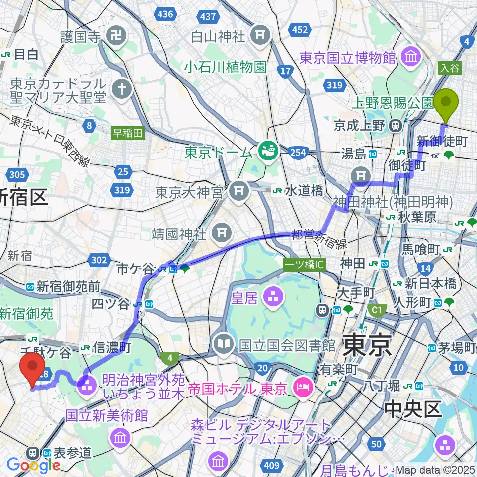 稲荷町駅からJiLL music schoolへのルートマップ地図