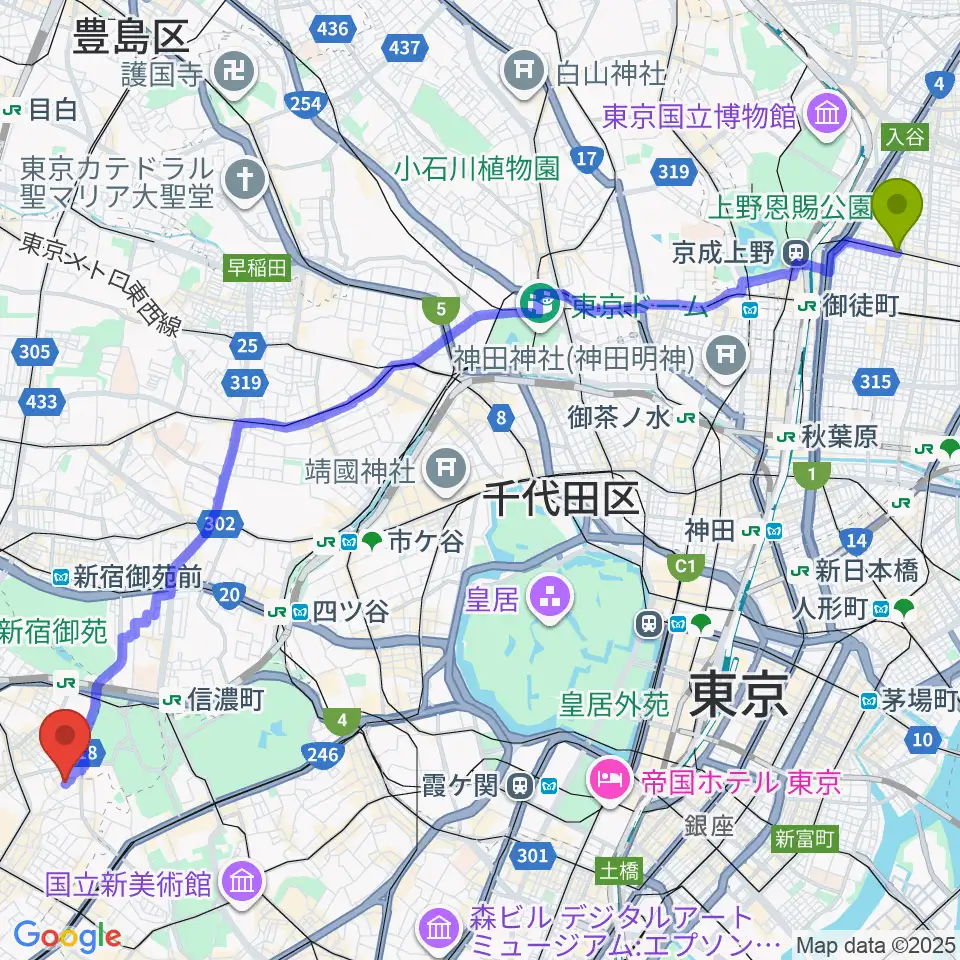 稲荷町駅からJiLL music schoolへのルートマップ地図