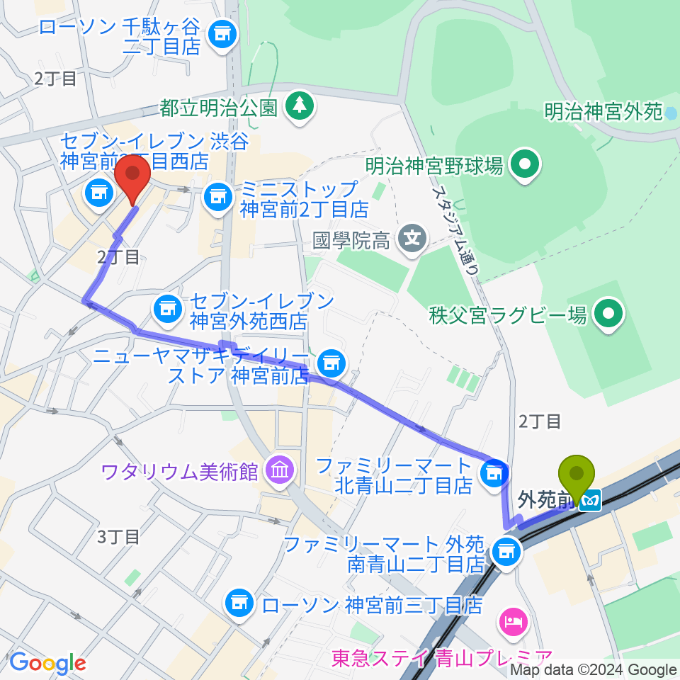 外苑前駅からJiLL music schoolへのルートマップ地図