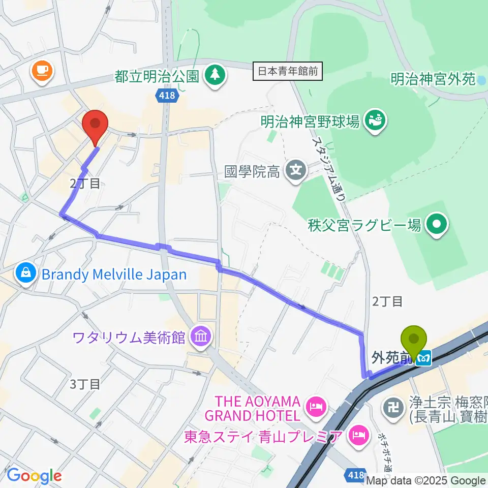 外苑前駅からJiLL music schoolへのルートマップ地図