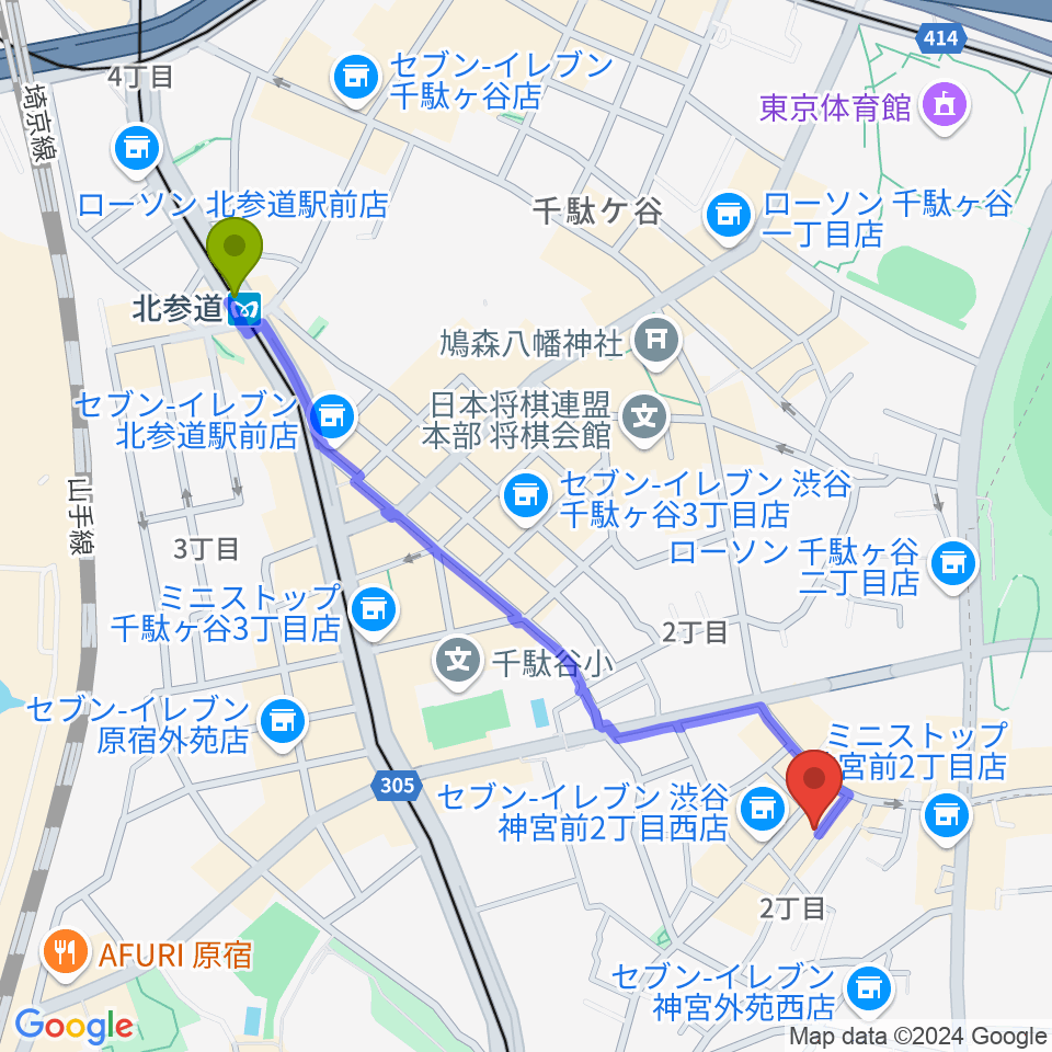 JiLL music schoolの最寄駅北参道駅からの徒歩ルート（約12分）地図