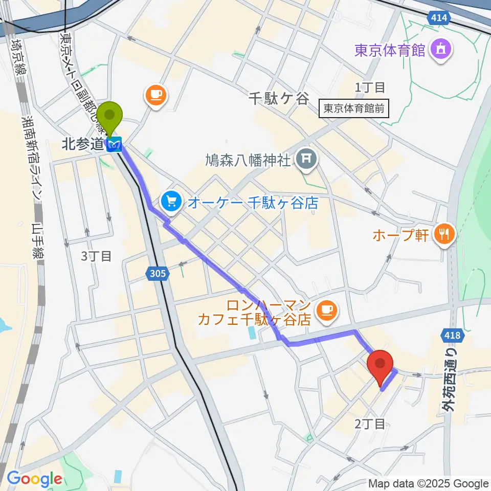 JiLL music schoolの最寄駅北参道駅からの徒歩ルート（約12分）地図