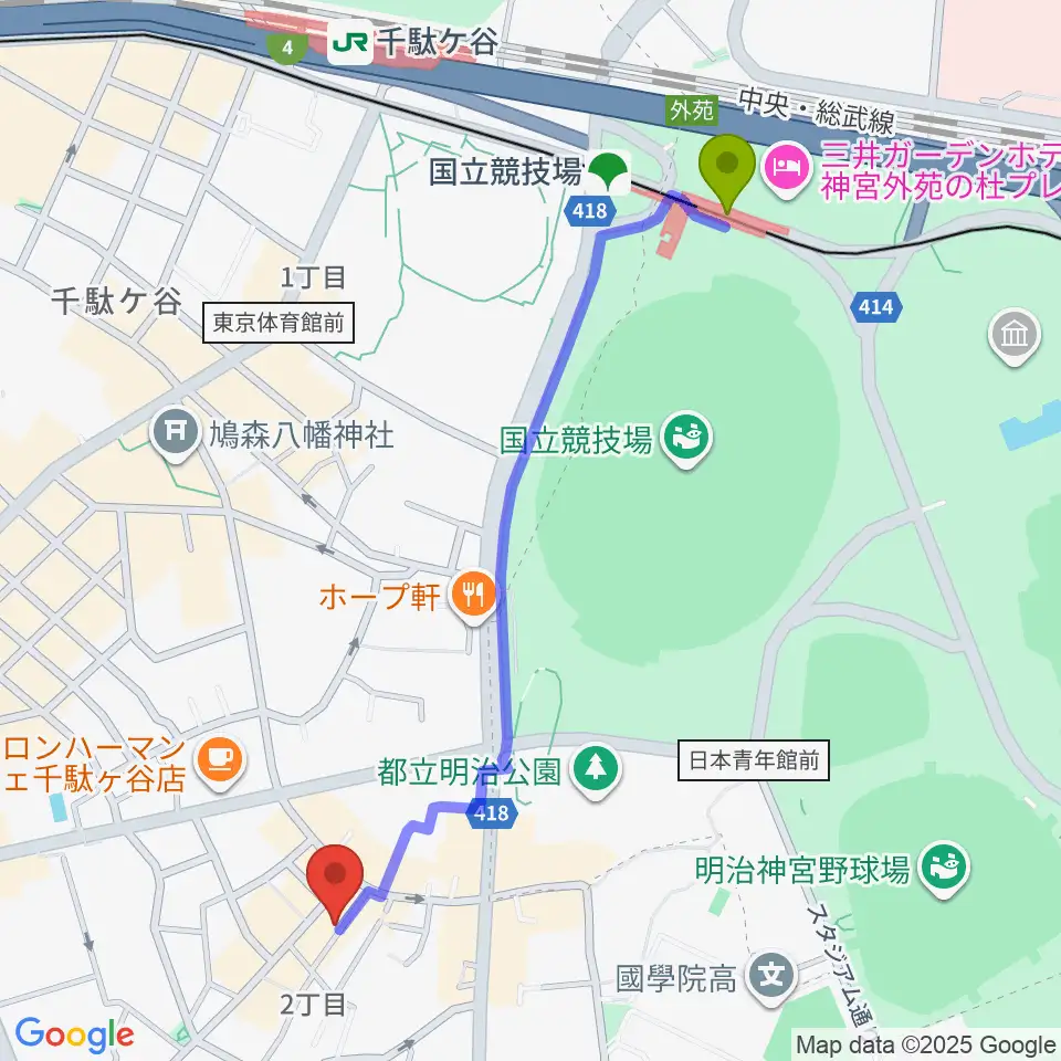 国立競技場駅からJiLL music schoolへのルートマップ地図