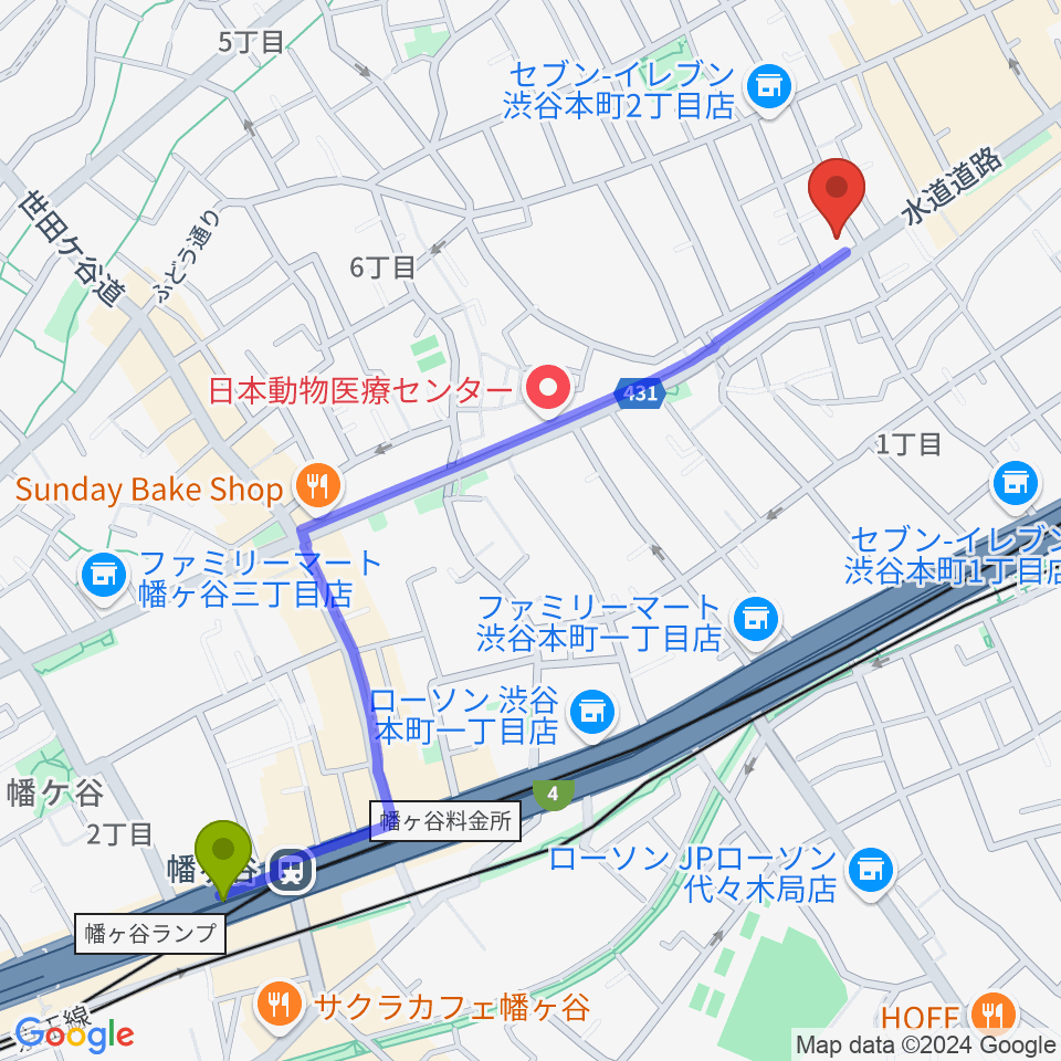 幡ヶ谷駅からリリカアートスクールへのルートマップ地図