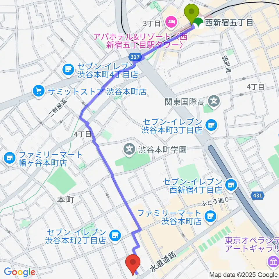 西新宿五丁目駅からリリカアートスクールへのルートマップ地図