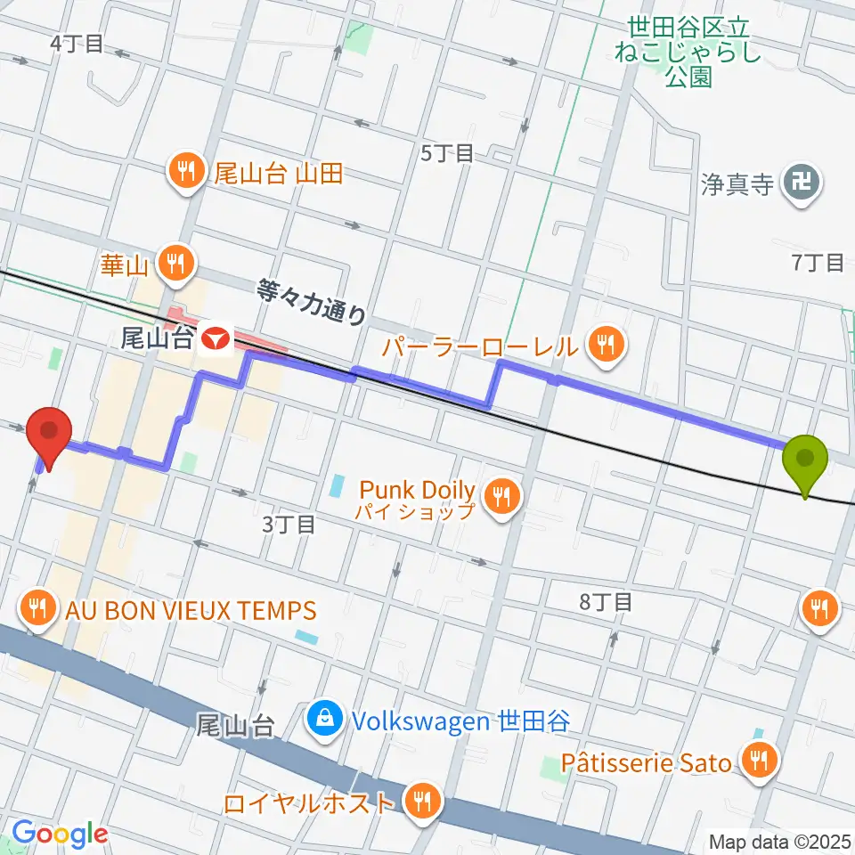 九品仏駅からサカモト･ミュージック・スクールへのルートマップ地図