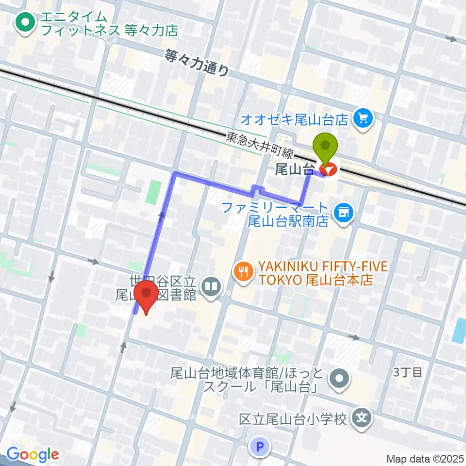 サカモト･ミュージック・スクールの最寄駅尾山台駅からの徒歩ルート（約4分）地図