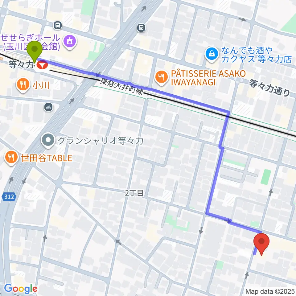 等々力駅からサカモト･ミュージック・スクールへのルートマップ地図