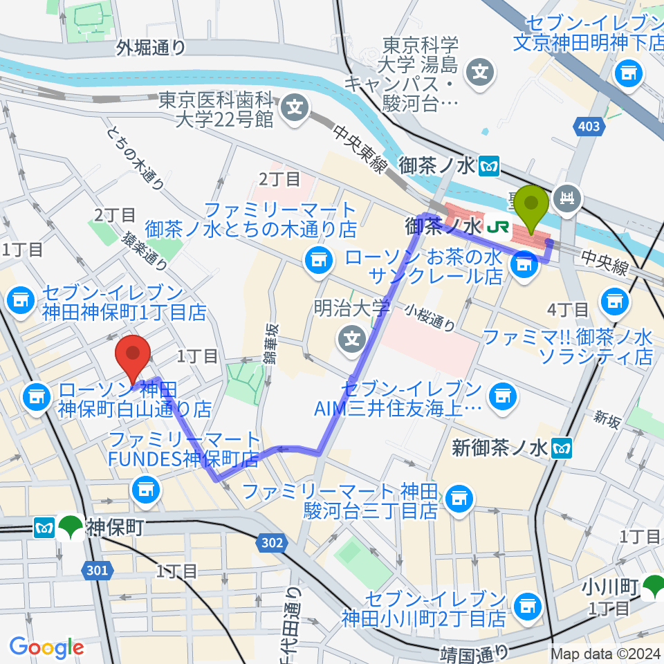 御茶ノ水駅から音福へのルートマップ地図