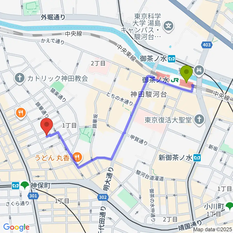 御茶ノ水駅から音福へのルートマップ地図