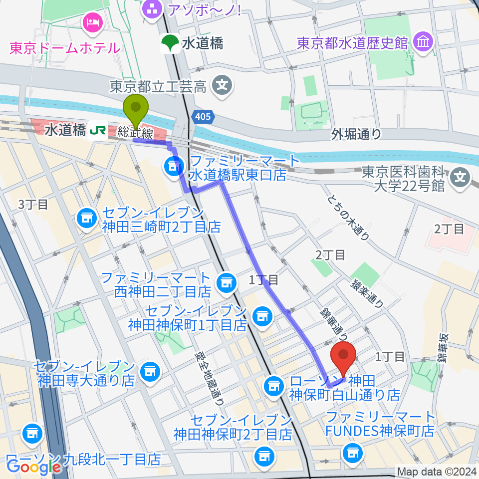 水道橋駅から音福へのルートマップ地図