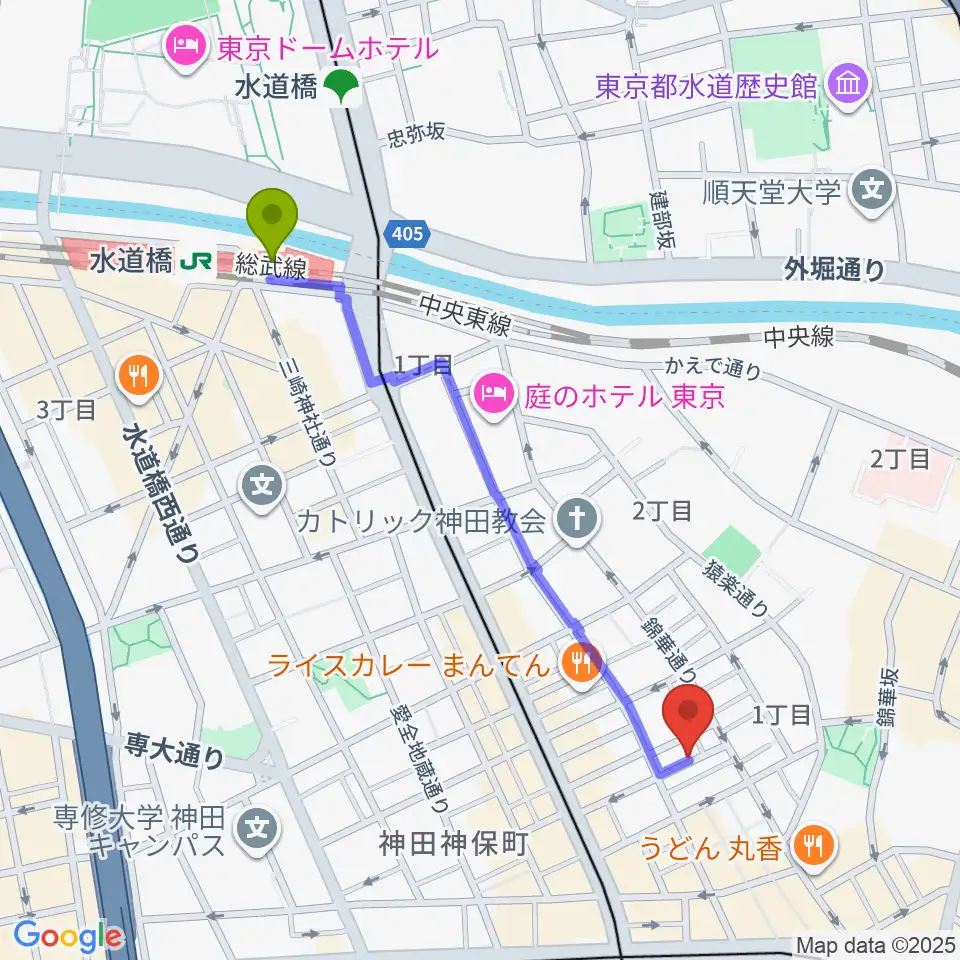 水道橋駅から音福へのルートマップ地図