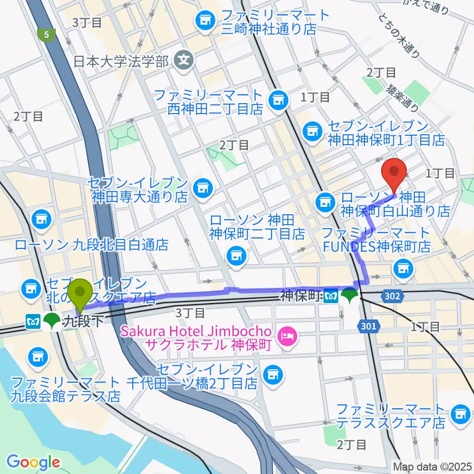 九段下駅から音福へのルートマップ地図