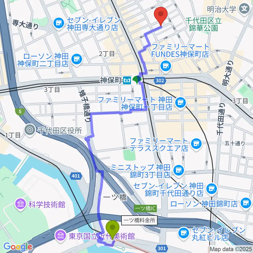 竹橋駅から音福へのルートマップ地図