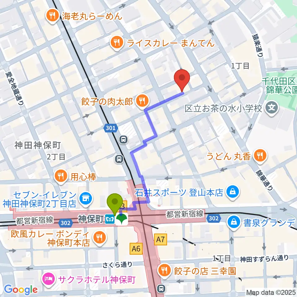 音福の最寄駅神保町駅からの徒歩ルート（約4分）地図