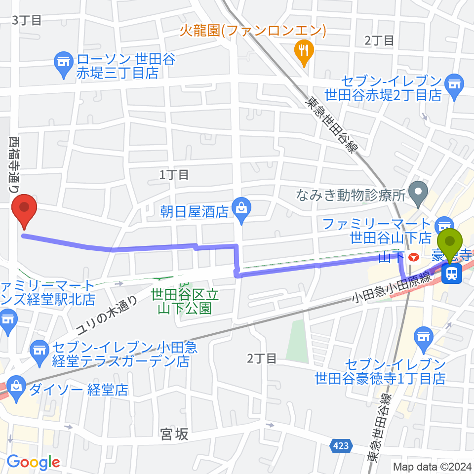 豪徳寺駅からAraya Piano Studio ピアノ教室へのルートマップ地図