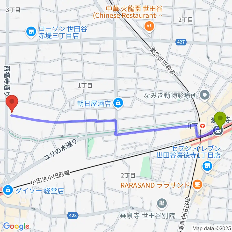 豪徳寺駅からAraya Piano Studio ピアノ教室へのルートマップ地図