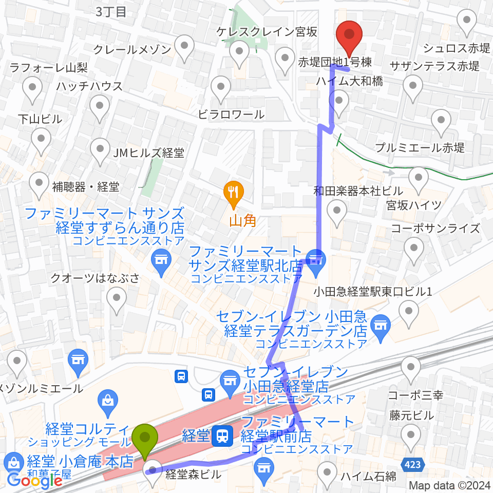 Araya Piano Studio ピアノ教室の最寄駅経堂駅からの徒歩ルート（約7分）地図