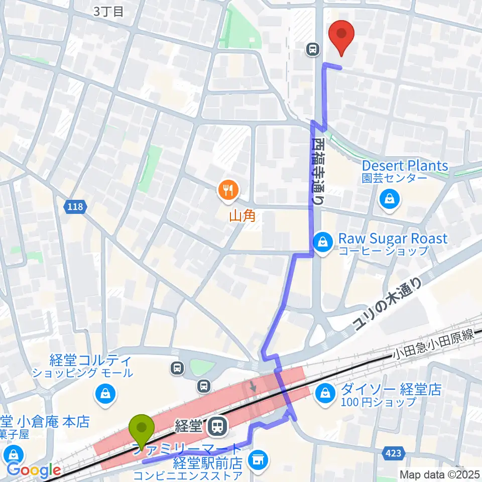 Araya Piano Studio ピアノ教室の最寄駅経堂駅からの徒歩ルート（約7分）地図