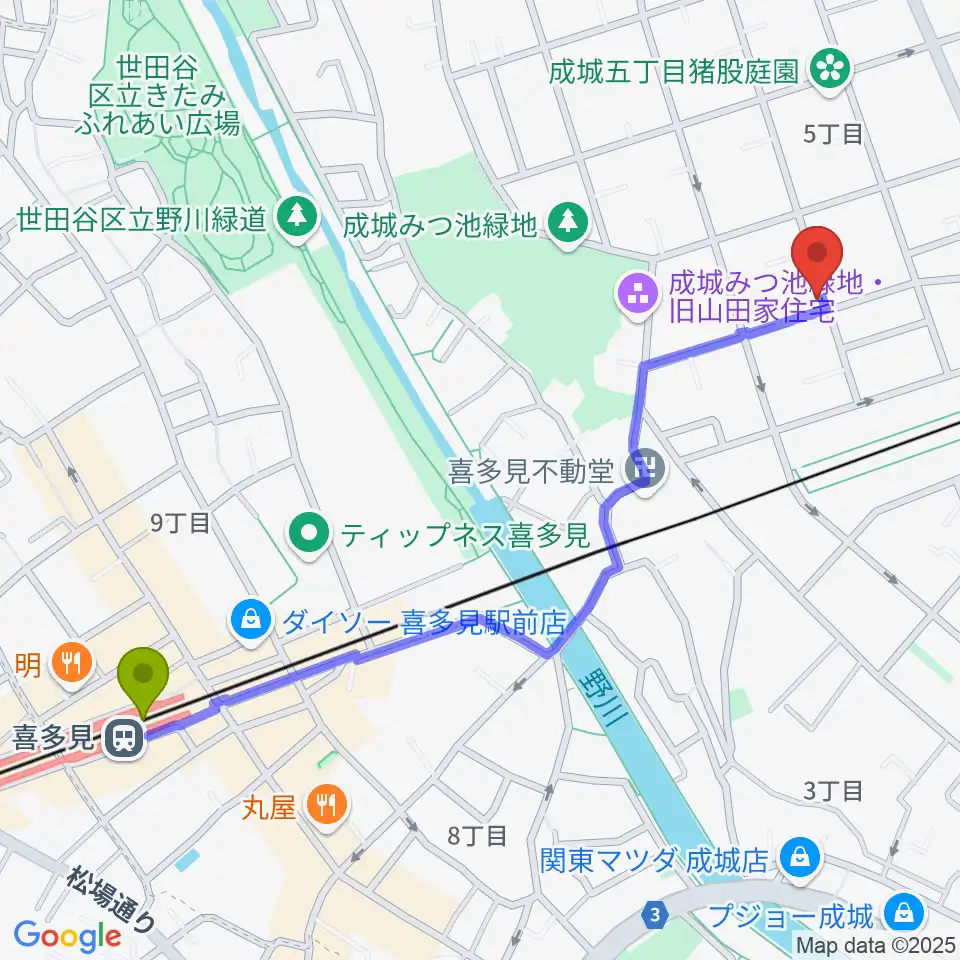 喜多見駅からリトミック音楽教室 みんなのひろばへのルートマップ地図