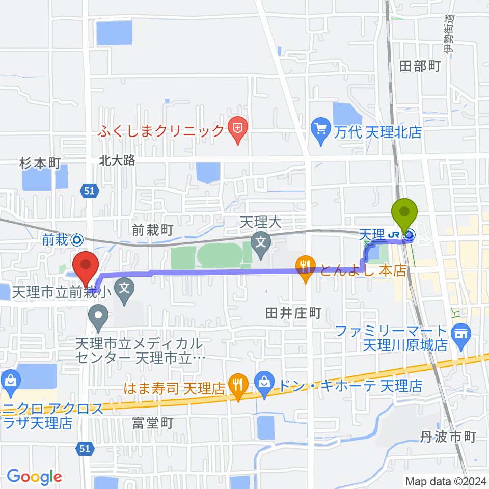 天理駅からコウキ商事株式会社へのルートマップ地図
