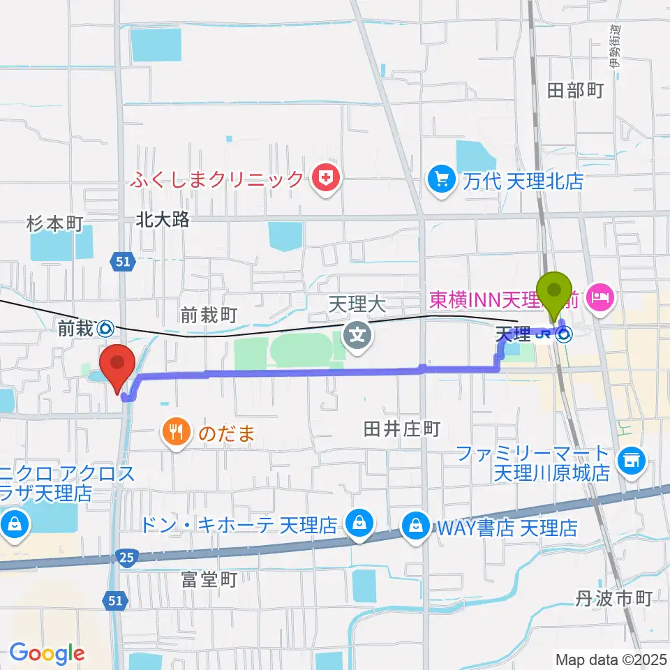 天理駅からコウキ商事株式会社へのルートマップ地図