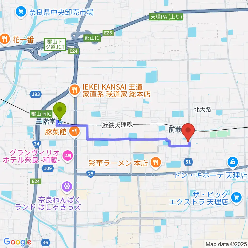 二階堂駅からコウキ商事株式会社へのルートマップ地図