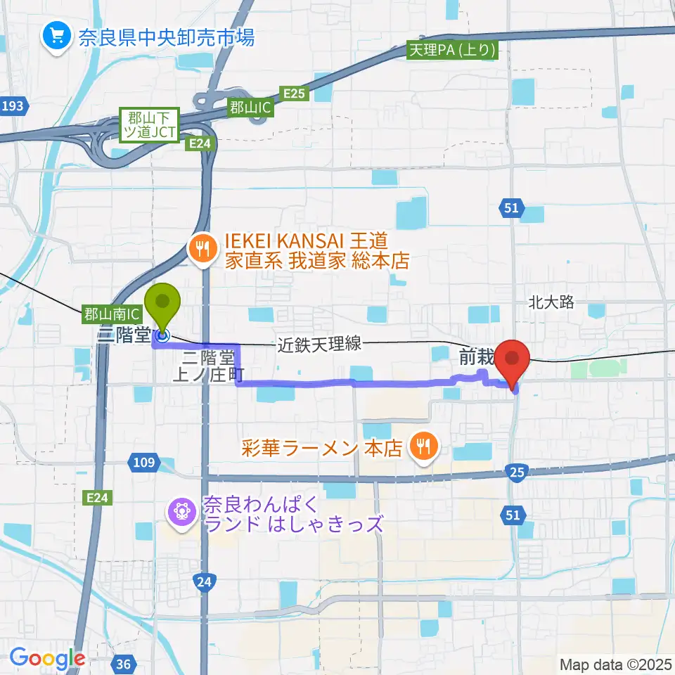 二階堂駅からコウキ商事株式会社へのルートマップ地図