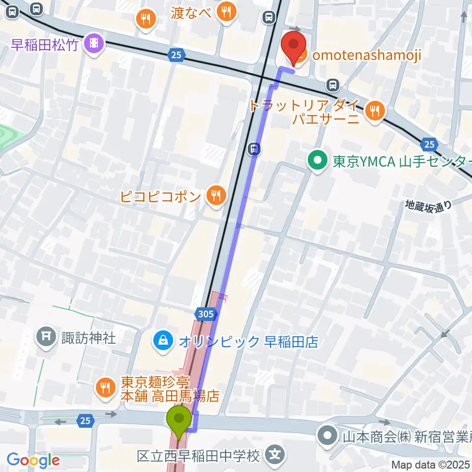 高田馬場新堀ギター音楽院の最寄駅西早稲田駅からの徒歩ルート（約6分）地図