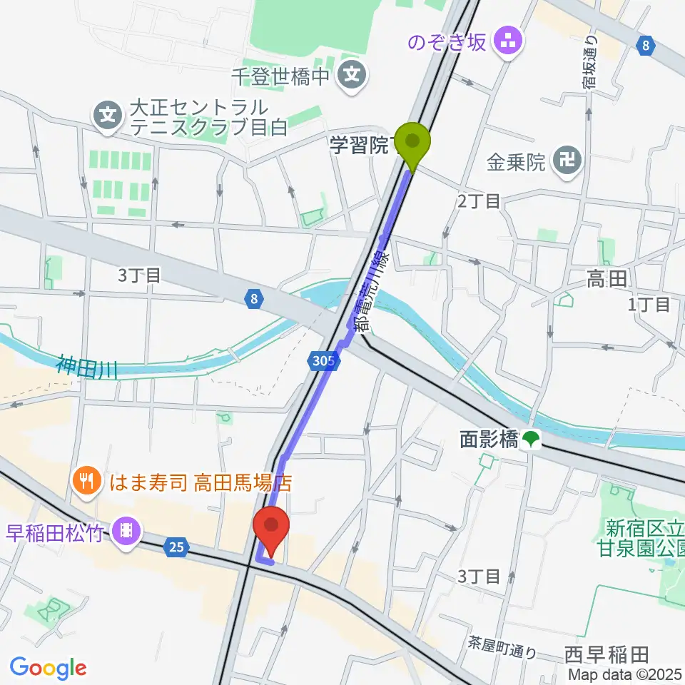 学習院下駅から高田馬場新堀ギター音楽院へのルートマップ地図