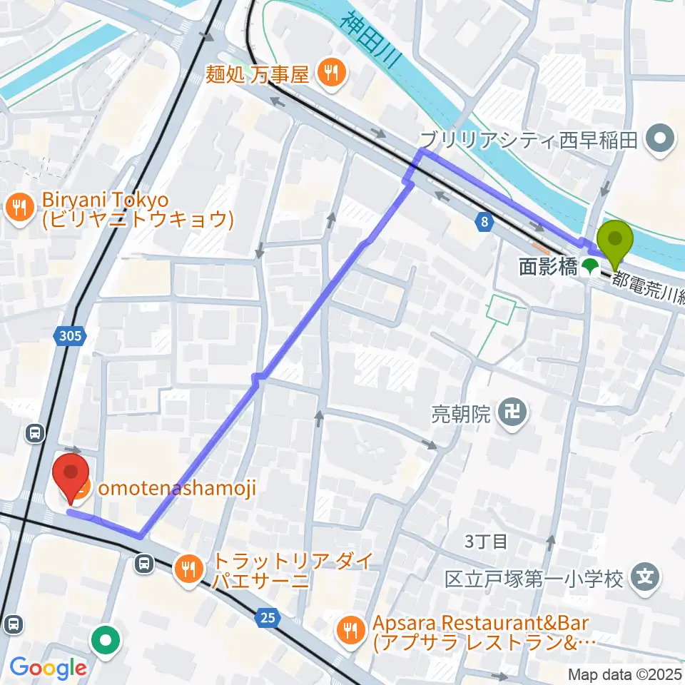 面影橋駅から高田馬場新堀ギター音楽院へのルートマップ地図