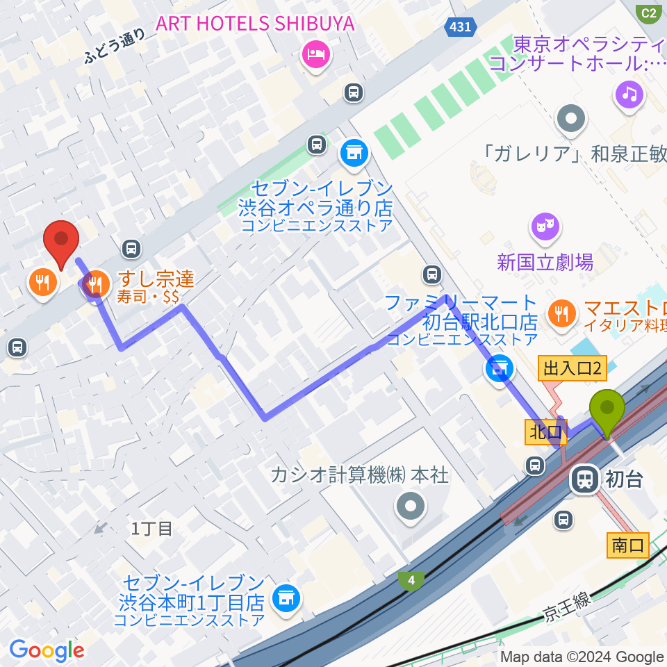 スタジオリリカの最寄駅初台駅からの徒歩ルート（約7分）地図