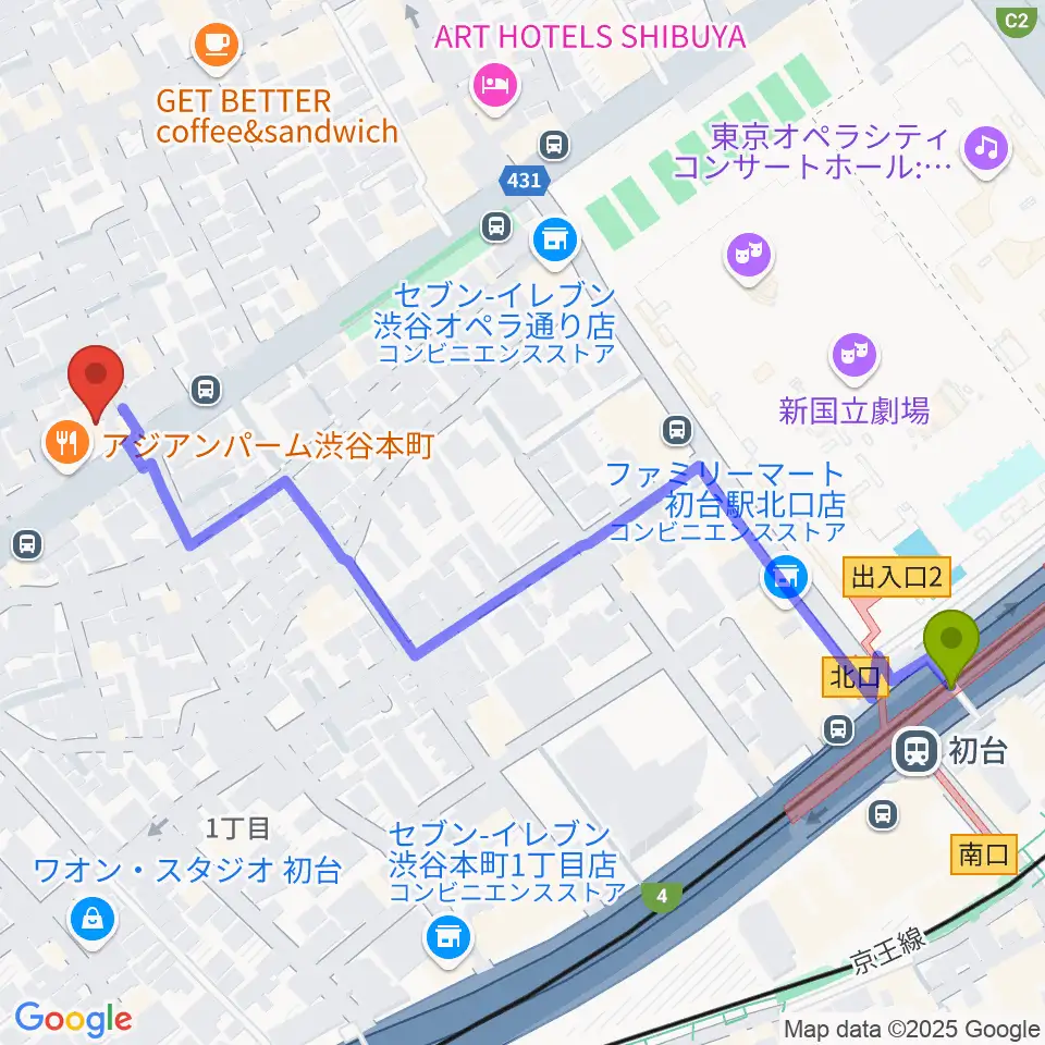 スタジオリリカの最寄駅初台駅からの徒歩ルート（約7分）地図