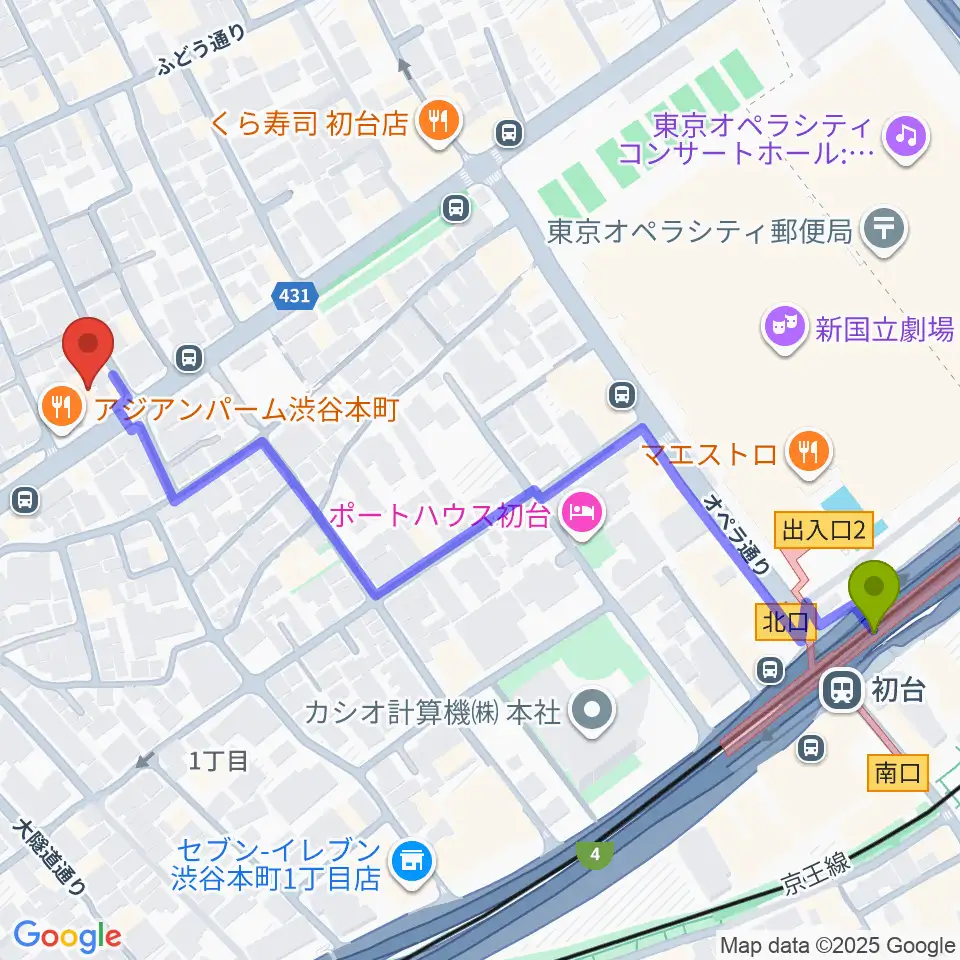 スタジオリリカの最寄駅初台駅からの徒歩ルート（約7分）地図