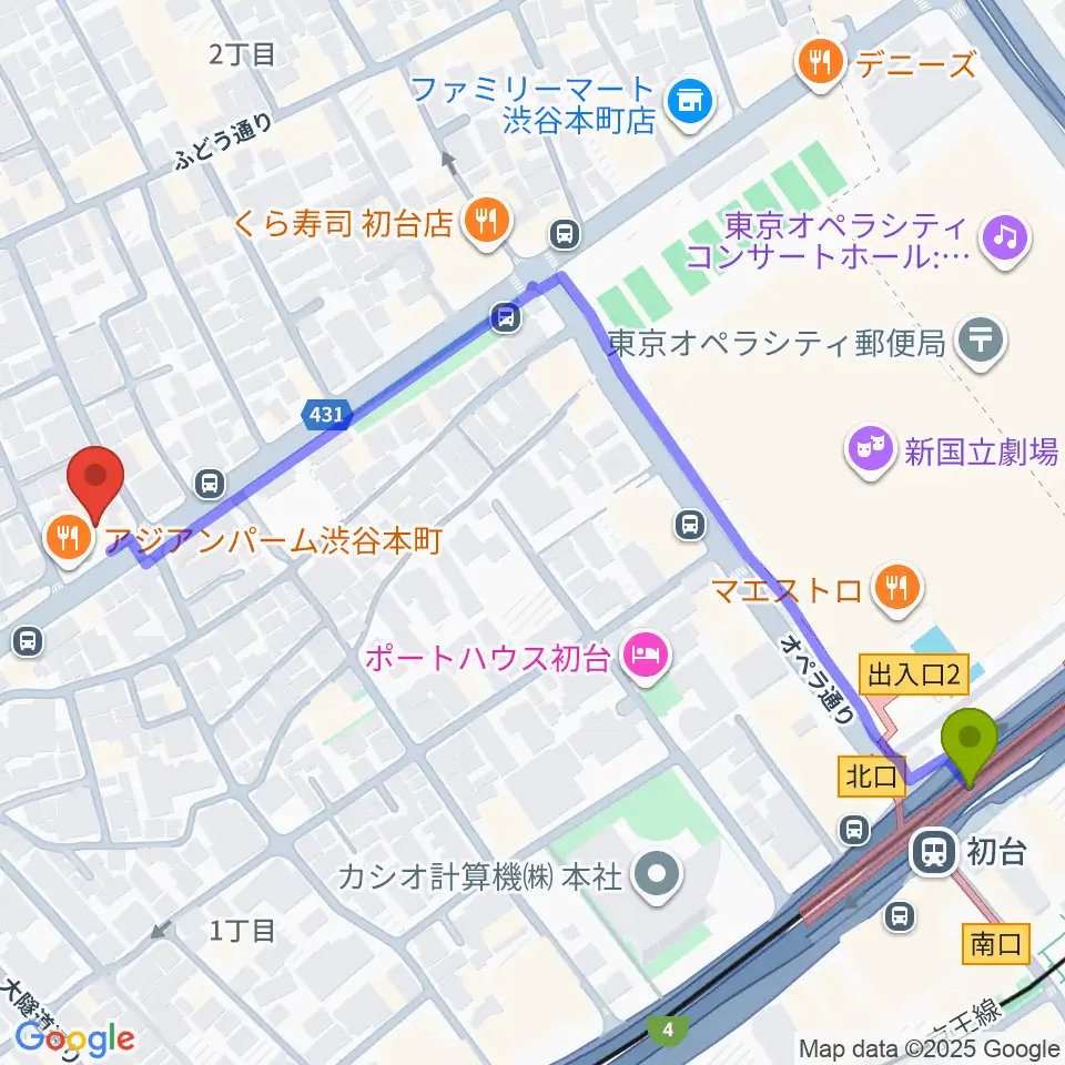 スタジオリリカの最寄駅初台駅からの徒歩ルート（約7分）地図