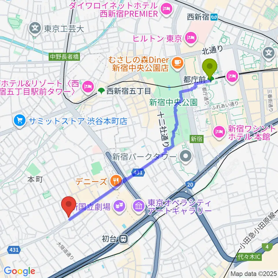 都庁前駅からスタジオリリカへのルートマップ地図