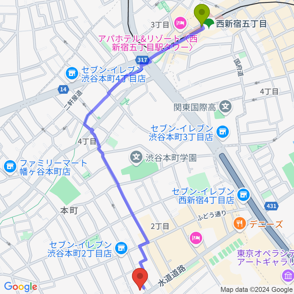 西新宿五丁目駅からスタジオリリカへのルートマップ地図