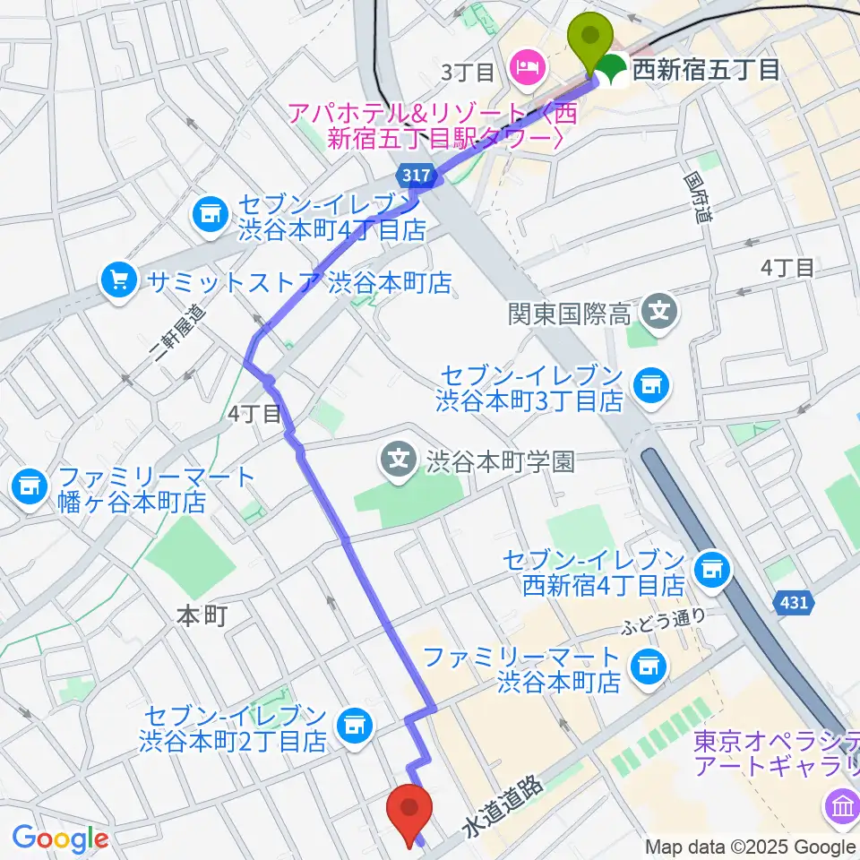 西新宿五丁目駅からスタジオリリカへのルートマップ地図