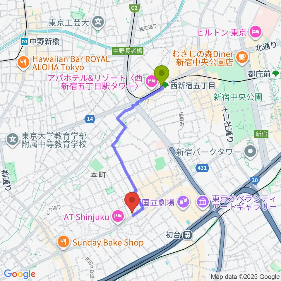 西新宿五丁目駅からスタジオリリカへのルートマップ地図
