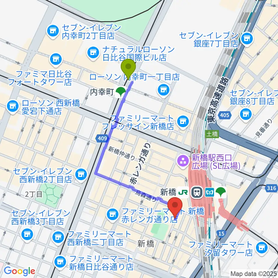 内幸町駅からFCFミュージックスクールへのルートマップ地図