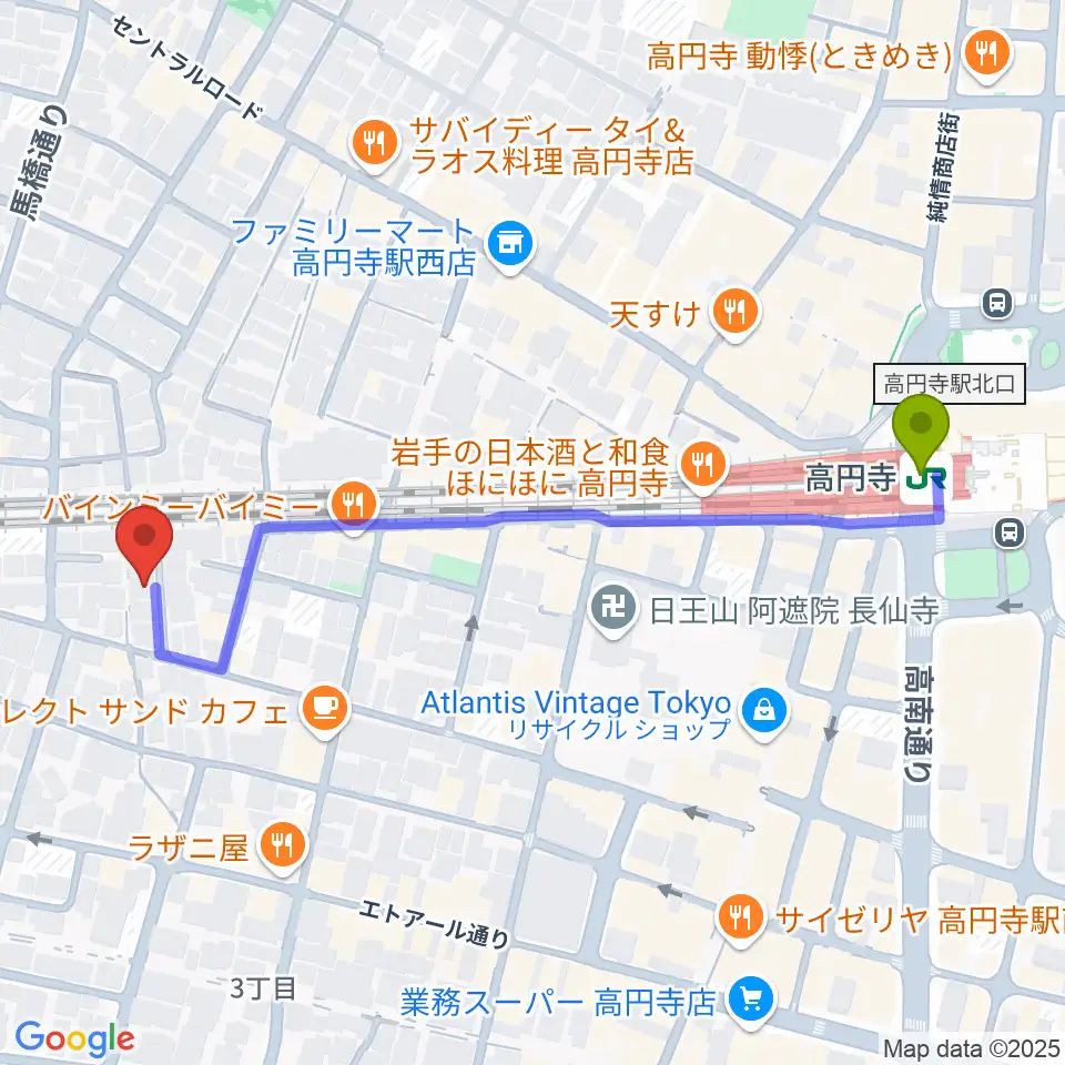 片岡マンドリン研究所の最寄駅高円寺駅からの徒歩ルート（約6分）地図