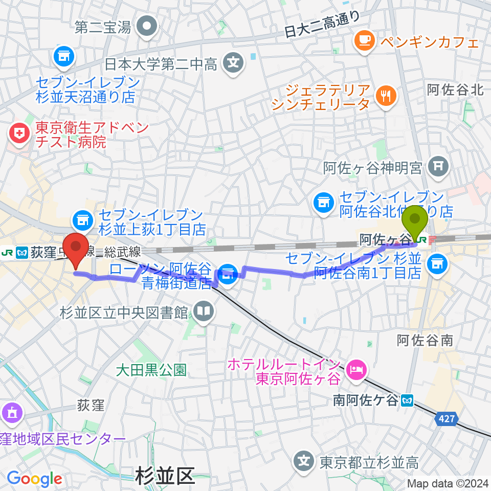 阿佐ケ谷駅から荻窪ミュージックセンターへのルートマップ地図