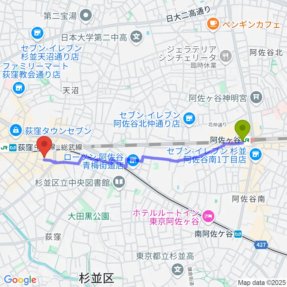 阿佐ケ谷駅から荻窪ミュージックセンターへのルートマップ地図